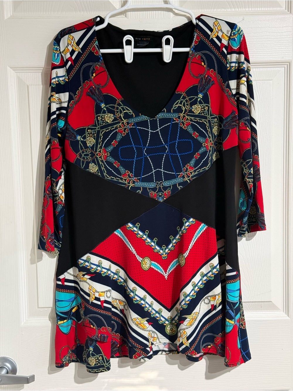 Eva Varro V-Neck Scarf Print Layered Tunic Dress - Baroque Design Stretch XL